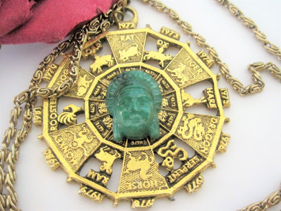 Asian Buddha Necklace - Green Lucite Cabochon - Year of the - Long Chain
