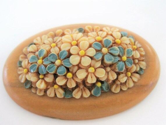 Celluloid Wood Brooch - Celluloid Flowers - Wood Mid Century Pin