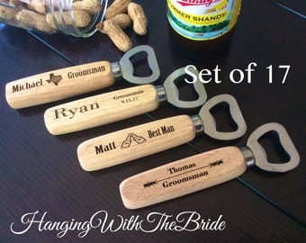 Set of 17 Personalized Bottle Opener, Groomsmen Gift, Wedding Gift, Engraved Wood opener, Custom Bottle Opener, Christmas gifts