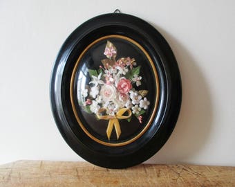 Vintage fabric flowers bouquet in a frame, 1960, Antique decor, Retro home, Cadre ancien, Bouquet de fleurs, Kitsch