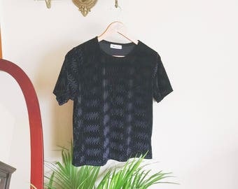 Black Velvet Patterned Blouse, Vintage Shirt, 70s Style Clothing, Womens Shirt, Fancy Top