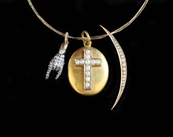 MoonsCuriousItems - Lovely Antique Oval Pearl & 18 K Gold Locket-A Pearl Cross On Front w Miniature Painting on Reverse of a Heart
