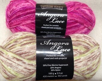 Two Colors of Wisdom Yarn's Fingering Weight Superwash Merino Wool/Angora/Nylon Blend ANGORA LACE Sock Yarn