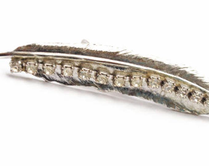Silver Feather Hair Clip - Leaf - Clear Rhinestone - Barrette - Vintage Mid Century - Hair Bobby pin