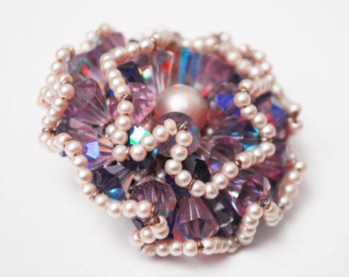 Vendome Brooch - Purple Crystal Rhinestone - faux pearl seed Bead - signed - Floral Atomic - Aurora borealis - Cluster bead pin