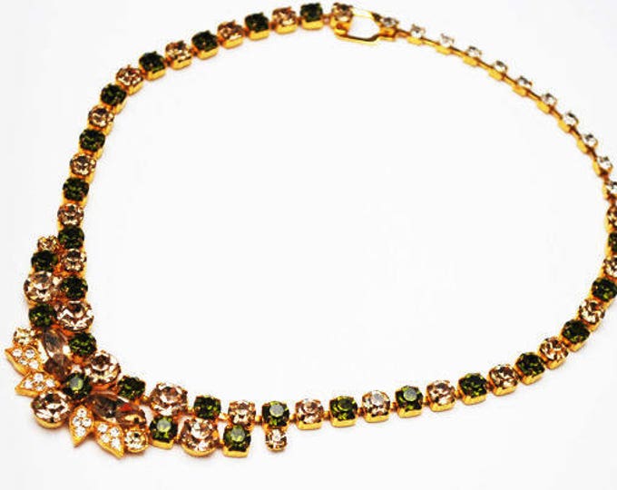 Eisenberg Ice Rhinestone Necklace - Green Clear stones - gold plated setting - vintage designer signed