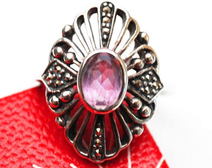 Amethyst Sterling ring - Marcasite - size 7 - Victorian Revival - Silver filigree
