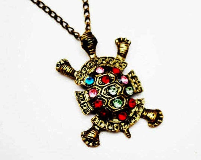 Turtle Pendant Necklace - colorful red pink blue and green Glass Rhinestone - 26 inches