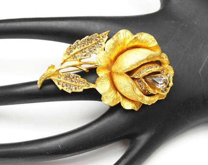 Rose Flower Brooch - Signed Benedikt NY- Gold Metal - Topaz Rhinestone - floral Rose Pin