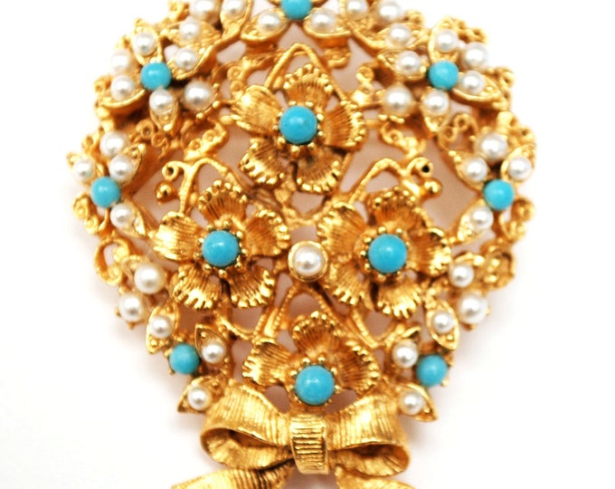 Florenza Pearl Turquoise flower Brooch - blue white - Gold floral - bouquet Pin