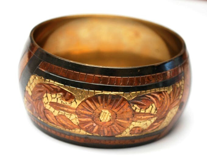 Boho Brass Copper bangle - Chunky Mossaic design - copper inlay - grey oxidized - bracelet