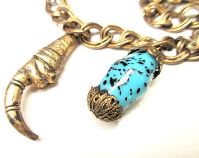 Brass Charm Bracelet - Turquoise blue art glass - unique brass charms- chain bangle