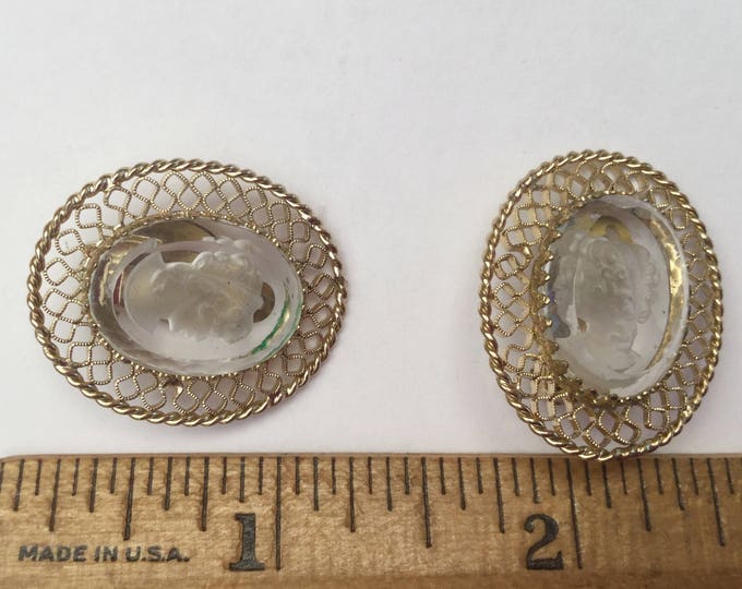 Intaglio Cameo Earrings - Carved clear glass - Signed Whiting and Davis - Gold Filigree - Clip on earrings