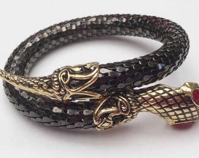 Snake Bracelet - Black mesh - Gold serpent head- Red rhinestone eyes - wrap bangle