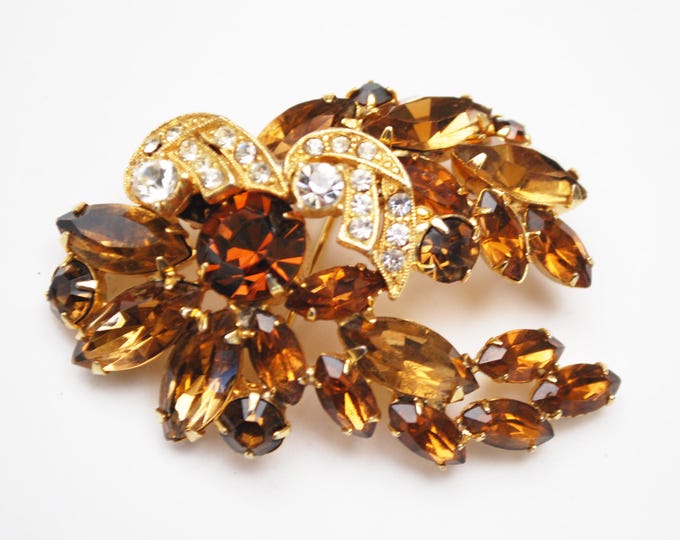 Weiss Rhinestone Brooch -Brown Orange Champagne - Clear Crystal - Gold metal Floral Leaf pin