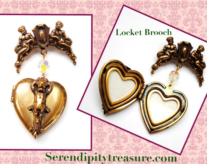 Gold Heart Locket Brooch - photo locket - Cupid - Cherub - Crystal Dangle pin