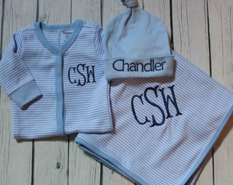 3 piece Baby Boy Monogrammed Romper, Blanket, & Knot Hat Set; Personalized Coming Home Outfit; Striped Romper