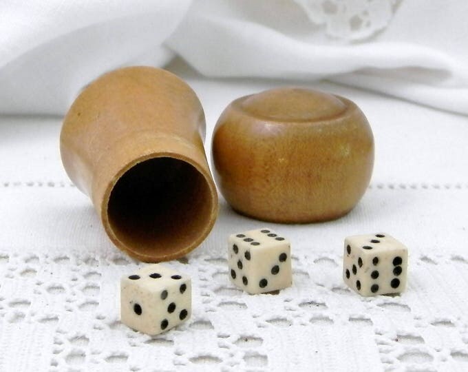 Antique French Champagne Wooden Cork Die Shaker with 3 Bone Dice Inscribed "Bar de L'Epoque" on the Base, Barware Collectable, Cork Box Antique French Champagne Wooden Cork Die Shaker with 3 Bone Dice Inscribed "Bar de L'Epoque" on the Base, Barware Collectable, Cork Box
