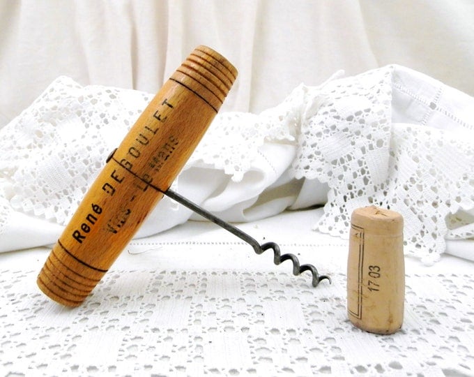 Large Vintage French Restaurant Wooden and Metal Cork Screw Publicity Gift From Vin Merchant in Le Mans France 1960s, Big Corkscrew