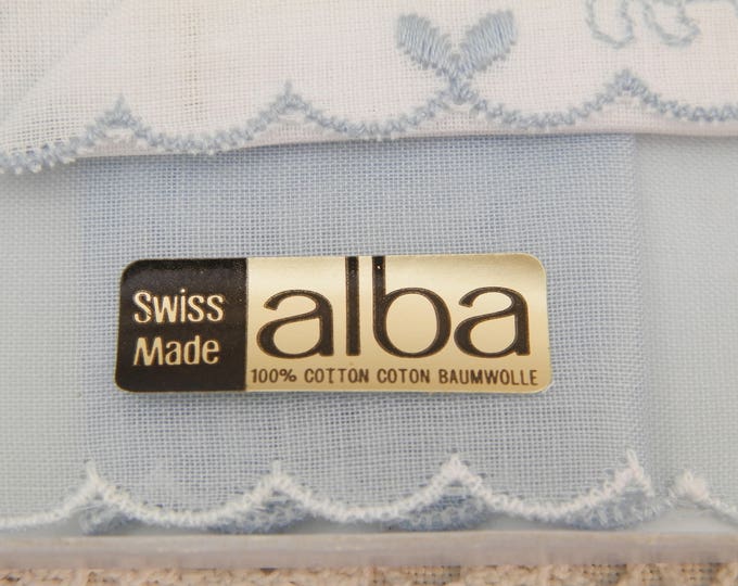 Vintage Unused Boxed of 2 Blue and White Handkerchiefs Embroidered with Puppy Dogs Made in Switzerland by Alba, Swiss Hankies