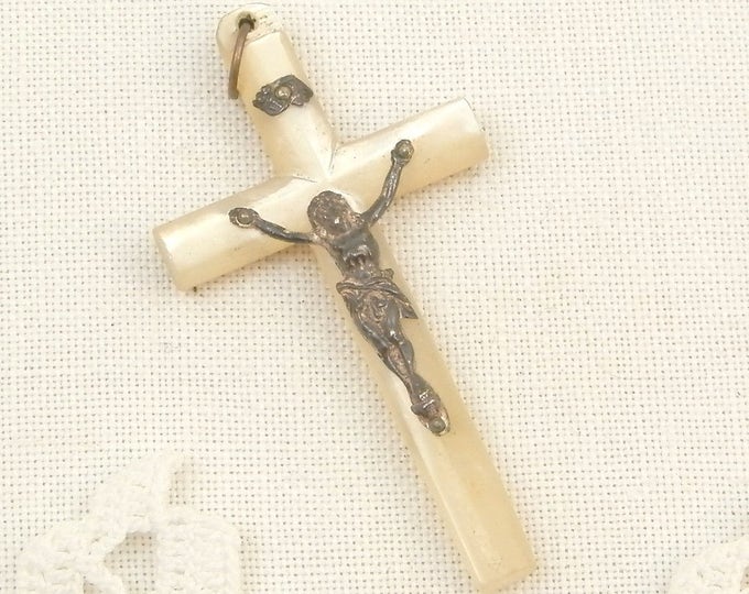 Vintage French Mother of Pearl and Silver Plated Crucifix, French Catholic Cross Made of Nacre with Metal Jesus, Religious Jewelry
