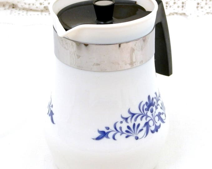 French Vintage Mid Century 1960s White Milk Glass Coffee Pot with Blue Pattern by Sovirel, Retro Kitchenalia from France, Pyrex , Acropal