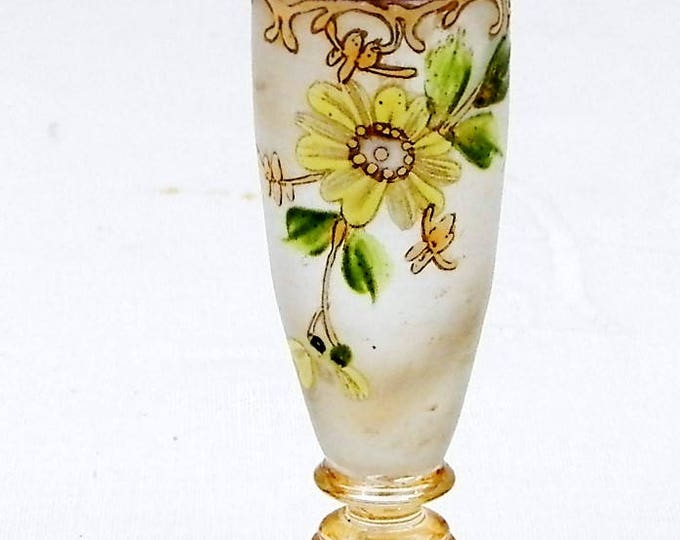 Small Antique Hand Painted Boheme Glass Posy Vase, Tiny French Art Nouveau Flower Bouquet Stem Foot Glass Vase with Painte Floral Pattern