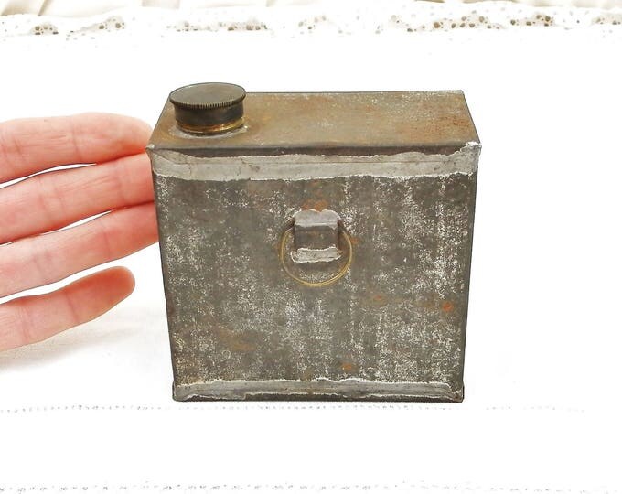Antique Square Metal Bottle With Screw Lid, Rectangular Tin Container for Liquids, French Brocante Home Decor, Industrial Curios from France
