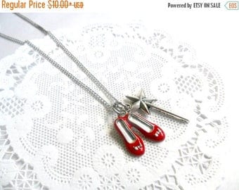 ON SALE Ruby Red Slippers Wizard of Oz Necklace, With Wand, Dorothy's Slippers, Cute! :)