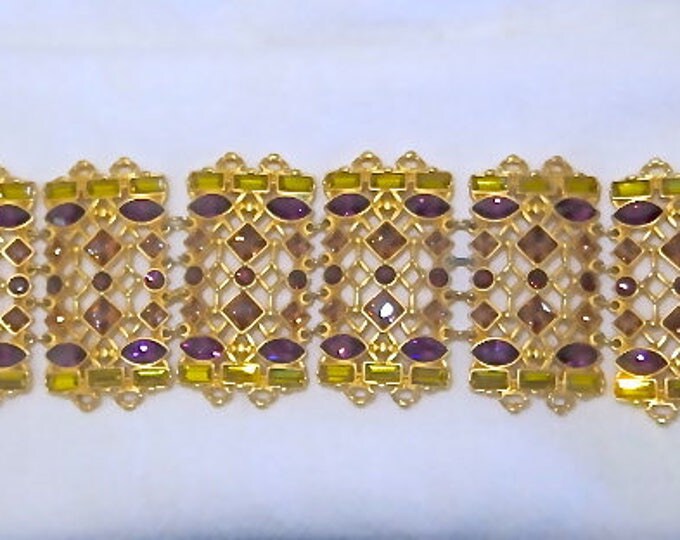 Vintage Swarovski Bracelet Jeweled Crystal Amethyst Ruby Amber Designer Signed Jewelry