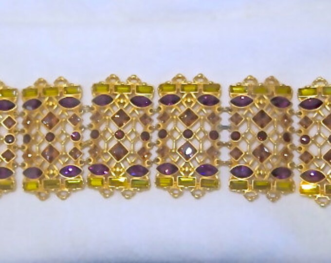 Vintage Swarovski Bracelet Jeweled Crystal Amethyst Ruby Amber Designer Signed Jewelry