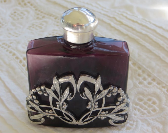 Vintage Perfume Bottle, Amethyst Glass, Art Nouveau Silver Overlay, Vintage Vanity Piece