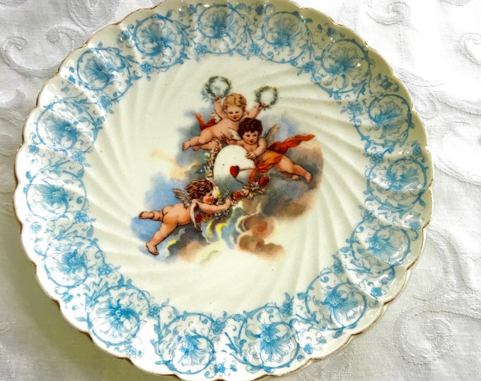 Antique Cherub Plate, Three Flying Cherubs, Trio of Angels Plate, Angel Wall Plate, Austrian Cherub Plate