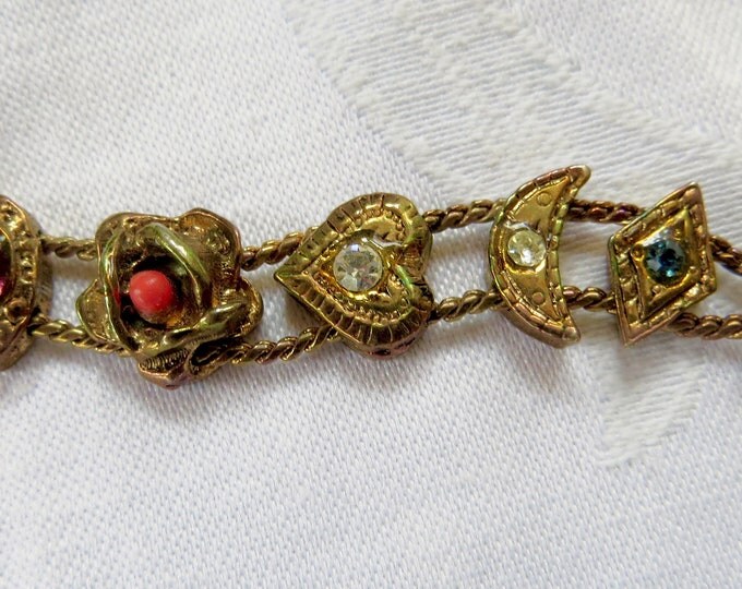 Victorian Revival Slide Bracelet, unsigned Goldette, Rhinestones, Cameo, Bee, Florals, Vintage Jewelry Jewellry