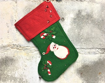 Vintage Christmas Stocking Handmade Felt Sequins Santa Candy Cane