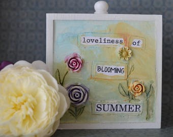 Miniature painting, flowers, floral, mixed media, summer, birthday gift, gift for housewarming, wedding present, picture, home decor, bright