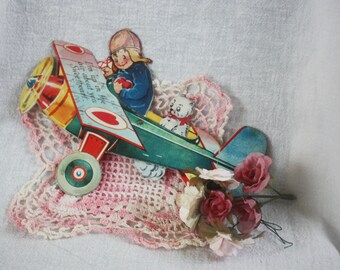 Vintage 1930s Valentine Germany Mechanical Die Cut Boy in Airplane