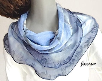 Gray Blue Small Square Scarf Hand Painted Silk Chiffon, Handmade to Order with your colors, Jossiani