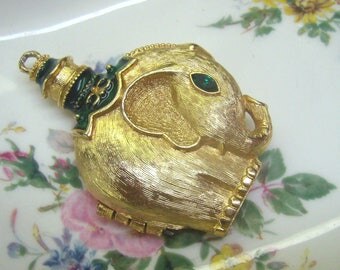 Christmas Sale...Vintage REVLON Gold Elephant Perfume Pendant/Locket..."The Rajah's Elephant"...1970's Moon Drops Solid Perfume