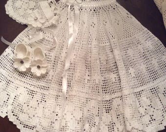 thread filet crochet pattern for christening gown, bonnet and sandals, pdf pattern, blessing gown pattern, baptism dress pattern, baby dress