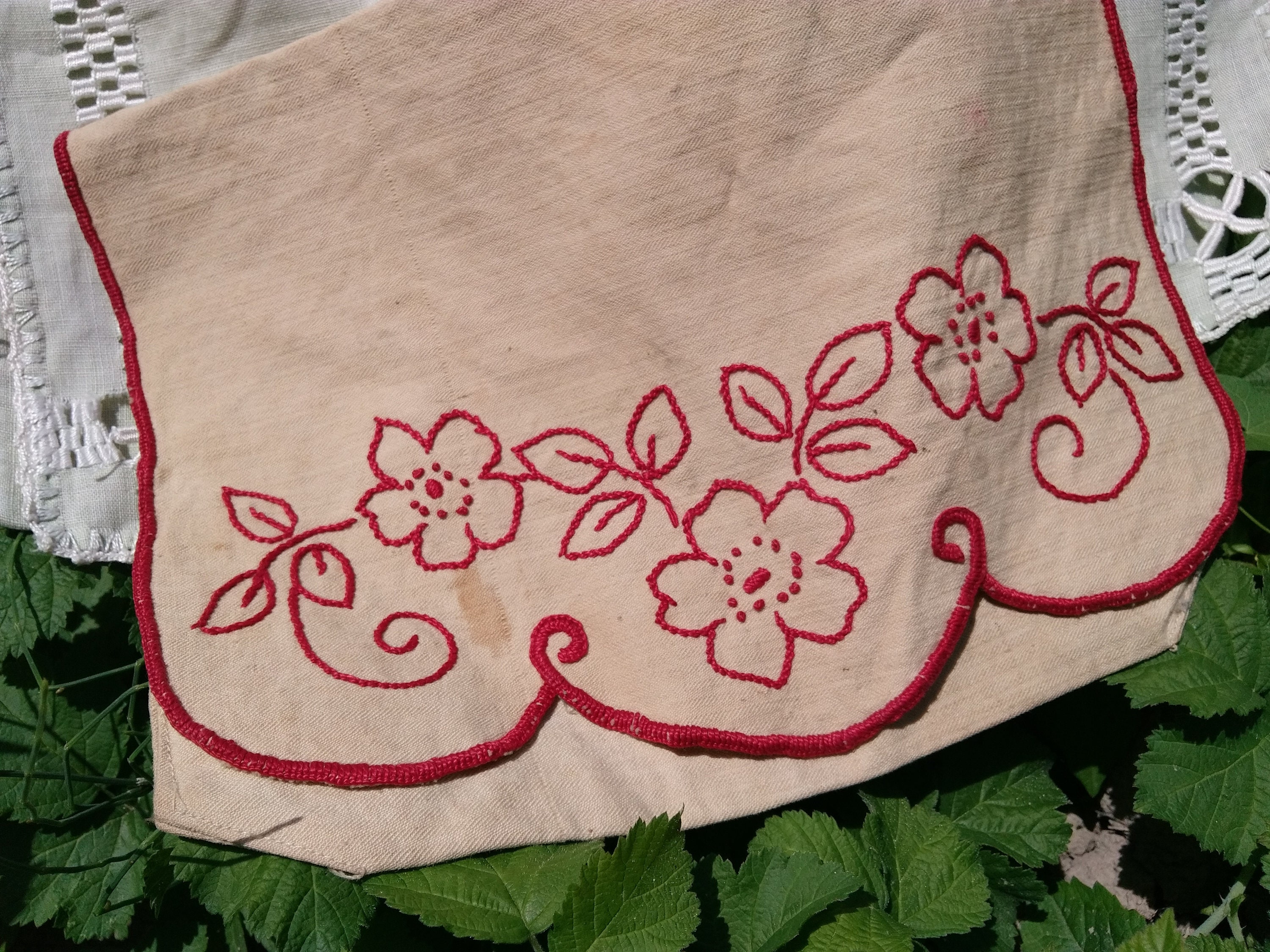 Antique Beige Linen Bag Handmade French Red Work Hand