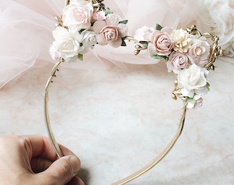 Blush pink and gold floral crown Pale pink headband Flower girl headband Flowergirl headband Bridesmaid headband Cat ears headband Cat