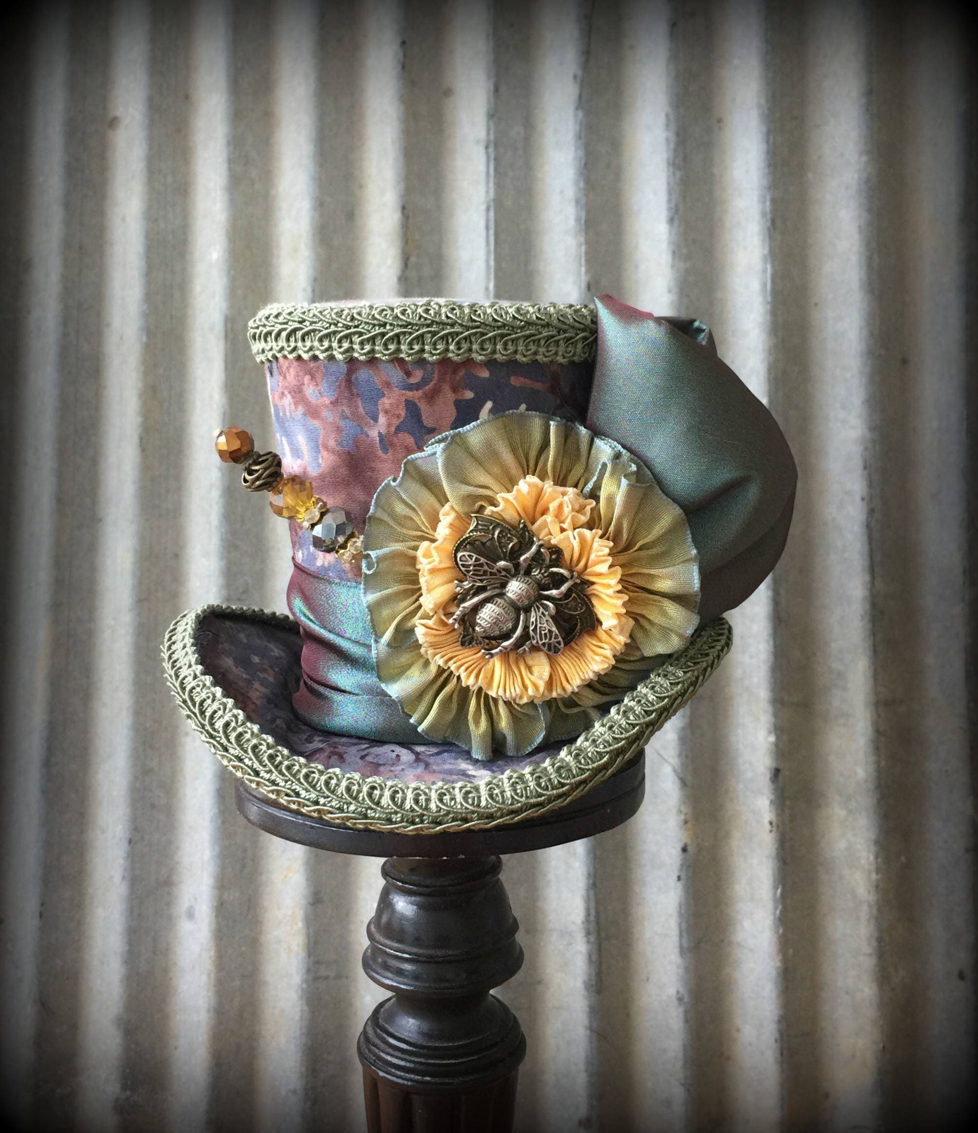 Mini Top Hat, Steampunk Mini Top hat, Grey and Green Bee hat, Alice in Wonderland Mini Top Hat, Tea Party Hat, Mad Hatter Mini Top Hat steampunk buy now online