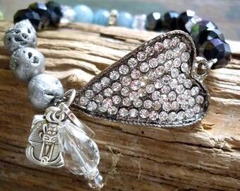 heart bracelet, black bracelet, black crystal bracelet, rhinestone heart, drusy agate bracelet, blue agate bracelet, gray drusy agate