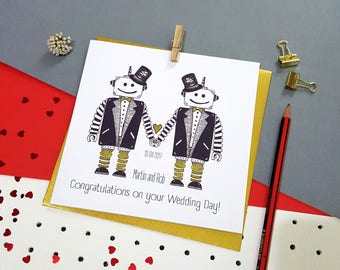 Personalised Gay Wedding Card- Robot Love- Handmade Robot Wedding Card- Same Sex Marriage Card