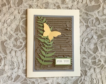 Handmade Greeting Card: Handmade card, green ferns, butterfly, for you, torn corrugated cardboard, rustic, primitive