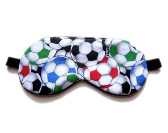 Sleep Mask Boys Eyemask, Kid Child Soccer Balls, Gift Present Black Fleece Satin Cotton, Travel Night Nap Eye Shade Cover, Blindfold Sports