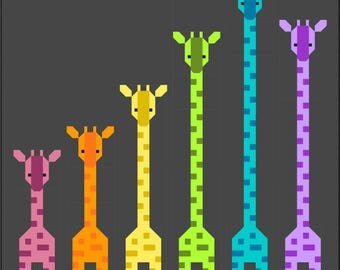 Giraffes in a Row Quilt Pattern, PDF Instant Download modern patchwork baby lap size african animal giraffe orange green blue purple rainbow