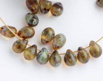 5x7mm Sapphire Blue Picasso Drops (25pcs) Travertine Antique Blue Grey Czech Glass Pressed Beads