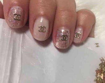 CHANEL 100 pc Nail design 3D Art Gold